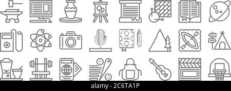 Hobbies Linie Symbole. Lineare Set. Qualität Vektor-Linie Set wie Basketball, Gitarre, Flipper, Entsafter, Kanufahren, Kamera, Astronomie, Imkerei, Blogging Stock Vektor