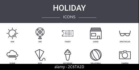 Holiday Concept Line Icons Set. Enthält Icons für Web, Logo, ui/ux wie Fan, Lodge, Cloud, Eis, Volleyball, Kamera, Brille, Ticke Stock Vektor