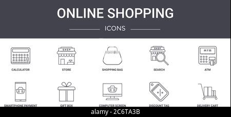 Online-Shopping-Konzept Linie Symbole Set. Enthält Symbole für Web, Logo, ui/ux wie Geschäft, Suche, Smartphone-Zahlung, Computer-Bildschirm, discun Stock Vektor