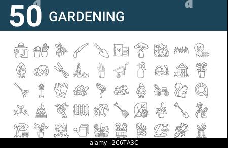 Set von 50 Gartenarbeit Symbole. Umreißen dünne Linie Symbole wie Baumstumpf, Bank, Sprossen, Rechen, Baum, Kaktus, Kröte, Dünger, Handschuh, Pik Stock Vektor