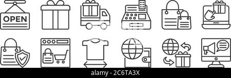 12 Satz von linearen Shopping-Line-Icons. Dünne Umrisssymbole wie Online-Marketing, Online-Banking, Online-Shopping, Einkaufstaschen, Lieferung Truc Stock Vektor