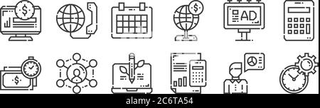 12 Satz von linearen Marketing-Symbole. Dünne Umrisssymbole wie Zeitmanagement, Management, Netzwerk, Werbung, Zeitplan, globale Kommunikation für Web Stock Vektor
