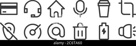 12 Satz von linearen Benutzeroberfläche Symbole. Dünne Umrisssymbole wie Ton, Müll, Tachometer, Kaffee, zu Hause, kontaktieren Sie uns für Web, mobil Stock Vektor