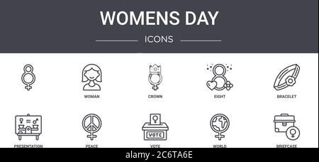 Damen Tag Konzept Linie Symbole Set. Enthält Symbole für Web, Logo, ui / ux wie Frau, Acht, Präsentation, Abstimmung, Welt, Aktentasche, Armband, cr Stock Vektor