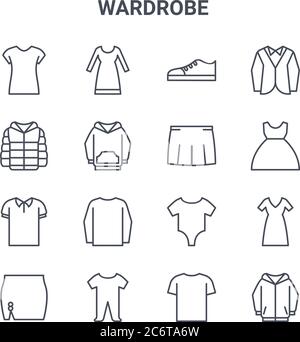 Set von 16 Schrank Konzept Vektor-Linie Symbole. 64x64 dünne Striche Symbole wie langes Kleid, Winterjacke, Kleid, Babykleidung, Babytuch, Hoodie, T shi Stock Vektor