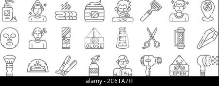 Friseur-und Friseur-Linie Symbole. Lineare Set. Qualität Vektor-Linie Set wie Duschkopf, Fön, Spray, Pinsel, Friseursalon, Bad Kabine Stock Vektor