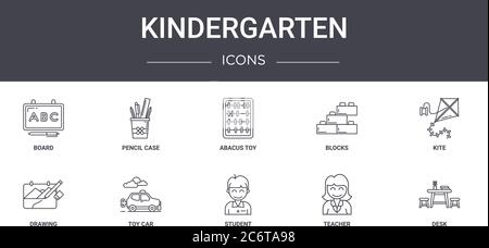Kindergarten Konzept Linie Icons Set. Enthält Symbole für Web, Logo, ui/ux wie Bleistiftkasten, Blöcke, Zeichnung, Schüler, Lehrer, Schreibtisch, Kite, ab Stock Vektor