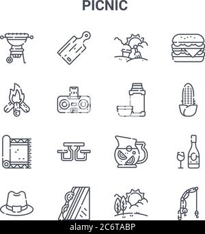 Set von 16 Picknick-Konzept Vektor-Linien-Symbole. 64x64 dünne Striche Symbole wie Küchenbrett, Lagerfeuer, Mais, Limonade, Sandwich, Fischer Haspel, Wetter, ho Stock Vektor