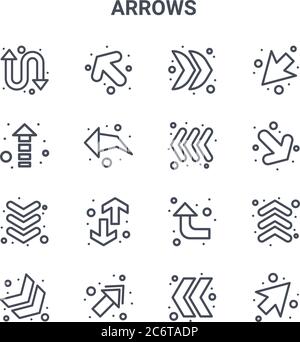 Satz von 16 Pfeilen Konzept Vektorlinien Symbole. 64x64 dünne Strichsymbole wie Linksdrehung, Aufwärtspfeil, Kurvenpfeil, Aufwärtspfeil, Doppelchevron, drei ar Stock Vektor