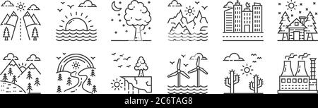 12 Satz von linearen Natur-und Landschaft-Icons. Dünne Umrisse Symbole wie Fabrik, Windenergie, Regenbogen, Stadtbild, Baum, Sonnenaufgang für Web, mobil Stock Vektor