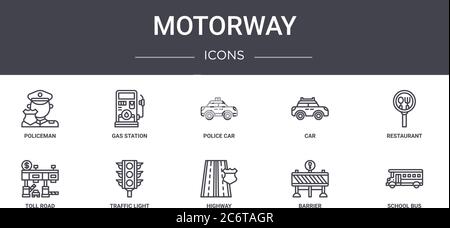 Autobahn-Konzept-Linie Symbole gesetzt. Enthält Symbole für Web, Logo, ui/ux wie Tankstelle, Auto, Mautstraße, Autobahn, Schranke, Schulbus, Restaurant Stock Vektor