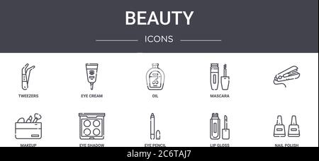 Beauty Concept Line Icons Set. Enthält Symbole für Web, Logo, ui/ux wie Augencreme, Mascara, Make-up, Augenstift, Lipgloss, Nagellack, , oi Stock Vektor