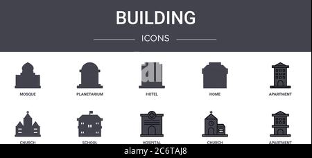 Building Concept Line Icons Set. Enthält Icons für Web, Logo, ui/ux wie Planetarium, Haus, Kirche, Krankenhaus, Kirche, Wohnung, Wohnung, Stock Vektor