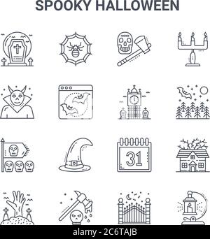 Set von 16 gruseligen halloween Konzept Vektor-Linie Symbole. 64x64 dünne Strichsymbole wie Spinnennetz, böse, Nacht, Kalender, Axt, Laterne, Tor, Friedhof Stock Vektor