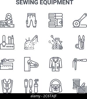 Set von 16 Nähmaschinen Konzept Vektor-Linie Symbole. 64x64 dünne Striche Symbole wie Hosen, Stahl, Nähschere, Kleidungsstück, Handwerk, Nadel, Tasche, p Stock Vektor