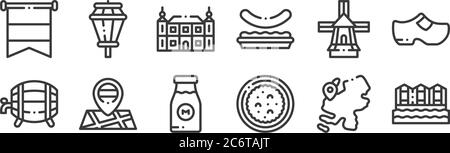 12 Satz von linearen holland-Ikonen. Dünne Umrissikonen wie bloemenmarkt, beschuit met muisjes, Karten, Windmühle, BA, Straßenlaternen für Web, mobil Stock Vektor
