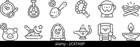 12 Satz von linearen ramadan-Symbole. Dünne Umrisse Symbole wie Kerze, Öllampe, ramadan, muslim, kein Essen, Oud für Web, mobil Stock Vektor