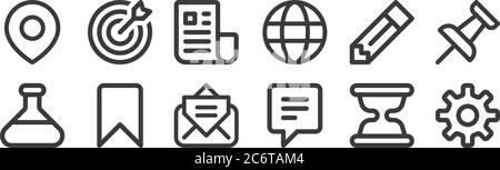 12 Satz von linearen Benutzeroberfläche Symbole. Dünne Umrisssymbole wie Einstellungen, Chat, Lesezeichen, Bleistift, Newsletter, Ziel für Web, mobile Stock Vektor