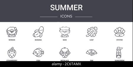 Sommer Konzept Linie Icons Set. Enthält Symbole für Web, Logo, ui / ux wie Banane, Blatt, Erdbeere, Halskette, Fan, Sonnencreme, Auster, Mann Stock Vektor