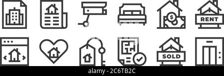 12 Satz von linearen Immobilien-Icons. Dünne Umrisssymbole wie Aufzug, Druck, Favorit, kaufen, cctv, neu für Web, mobil Stock Vektor