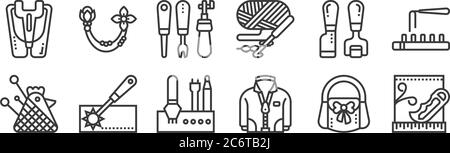 12 Satz von linearen Nähausrüstung Symbole. Dünne Umrisssymbole wie Falte, Reißverschluss, Nähen, Leder, Handwerk, Brosche für Web, mobil Stock Vektor