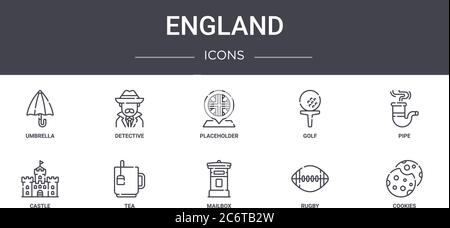 england Concept Line Icons Set. Enthält Icons, die für Web, Logo, ui/ux wie Detektiv, Golf, Schloss, Mailbox, Rugby, Cookies, Pipe, Platzhalter Stock Vektor