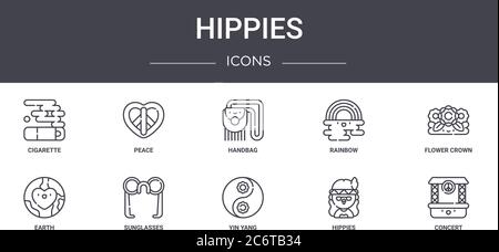 Hippies Concept Line Icons Set. Enthält Icons, die für Web, Logo, ui/ux wie Frieden, Regenbogen, Erde, Yin Yang, Hippies, Konzert, Blumenkrone, ha Stock Vektor