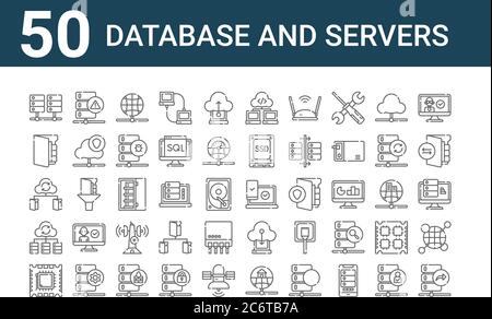 Satz von 50 Datenbank und Server-Symbole. Skizzieren dünne Linien Symbole wie Datenübertragung, Prozessor, Daten, Datei, Datei, Warnung, Zugänglichkeit Stock Vektor