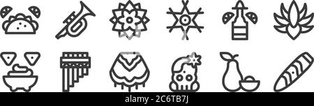 12 Satz von linearen Cinco de Mayo-Icons. Dünne Umrisssymbole wie Zigarre, Schädel, zampona, Tequila, dalia, Trompete für Web, mobil Stock Vektor