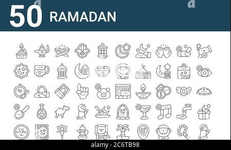 Set von 50 ramadan-Symbole. Skizzieren dünne Linie Symbole wie Gebet, Halal, kein Essen, Zeit zu essen, reiben el hizb, Öllampe, kaaba Stock Vektor