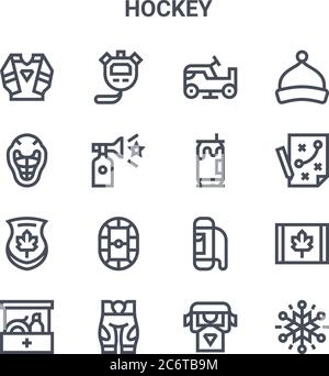 Set von 16 Hockey Konzept Vektor-Linien-Symbole. 64x64 dünne Schlaganfall-Symbole wie Stoppuhr, Helm, Strategie, Tasche, Hose, Schneeflocken, Unterstützer, Bier kann, b Stock Vektor