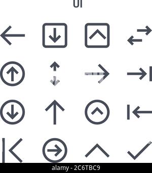 Satz von 16 ui-Konzept-Vektorlinien-Symbolen. 64x64 dünne Strichsymbole wie Abwärtspfeil, Aufwärtspfeil, Rechtspfeil, Häkchen nach oben rechts, nach oben rechts gegenüber Arro Stock Vektor