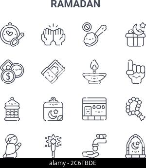 Satz von 16 symbolen für die ramadan-Vektorlinien. 64x64 dünne Strichikonen wie Beten, Zakat, Zählen, kaaba, Sparkler, Fenster, Wudhu, Kerze, Geschenk Stock Vektor