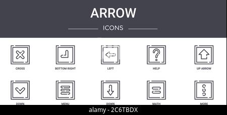 Pfeil Konzept Linie Symbole gesetzt. Enthält Symbole für Web, Logo, ui/ux wie unten rechts, Hilfe, unten, unten, Mathematik, mehr, Pfeil nach oben, links Stock Vektor