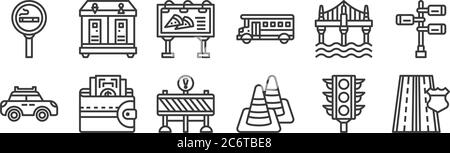 12 Satz von linearen Autobahn-Symbole. Dünne Umrisssymbole wie Autobahn, Verkehrskegel, Brieftasche, Brücke, Plakatwand, Toilette für Web, mobil Stock Vektor