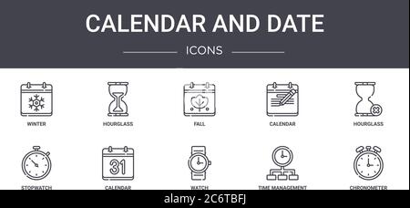 Kalender und Datum Konzept Linie Symbole gesetzt. Enthält Symbole für Web, Logo, ui/ux wie Sanduhr, Kalender, Stoppuhr, Uhr, Zeitmanagement, c Stock Vektor