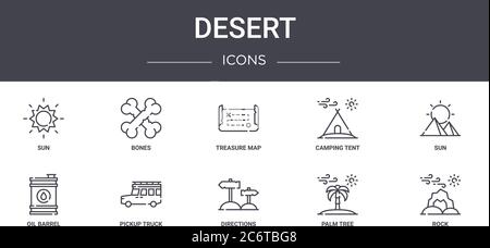 Desert Concept Line Icons Set. Enthält Symbole für Web, Logo, ui/ux wie Knochen, Camping Zelt, Öl Barrel, Richtungen, Palme, Fels, Sonne, t Stock Vektor