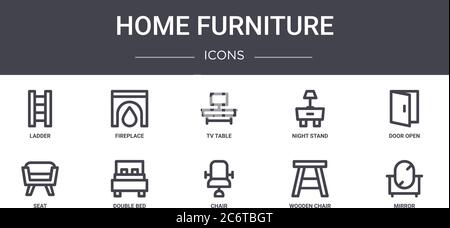 Home Möbel Konzept Linie Icons Set. Enthält Symbole für Web, Logo, ui / ux wie Kamin, Nachttisch, Sitz, Stuhl, Holzstuhl, Spiegel, d Stock Vektor