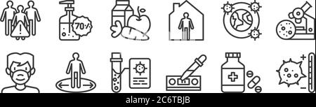 12 Satz von linearen Infektionskrankheiten Pandemien Symbole. Dünne Umrisssymbole wie Temperatur, Tropf, halten Abstand, Pandemie, gesunde Lebensmittel, Alkohol-Gel für w Stock Vektor