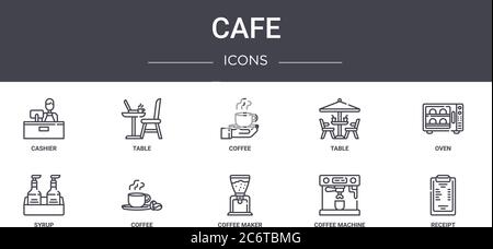 Cafe Concept Line Icons Set. Enthält Symbole für Web, Logo, ui/ux wie Tisch, Tisch, Sirup, Kaffeemaschine, Kaffeemaschine, Quittung, Backofen, coff Stock Vektor