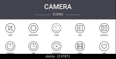 Kamera Konzept Linie Symbole gesetzt. Enthält Symbole für Web, Logo, ui / ux wie Helligkeit, Raster, Strom aus, begradigen, Video, Liebe, Kontrast, Zeit Stock Vektor