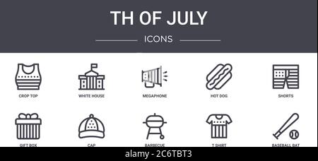 Th of july Concept Line Icons Set. Enthält Icons für Web, Logo, ui/ux wie White House, Hot Dog, Geschenkbox, Grill, T-Shirt, Baseballschläger, Stock Vektor