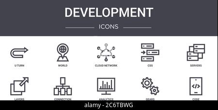 Entwicklungskonzept Linie Symbole gesetzt. Enthält Symbole für Web, Logo, ui/ux wie Welt, css, Schichten, Analytics, Zahnräder, Code, Server, Cloud-Netzwerk Stock Vektor