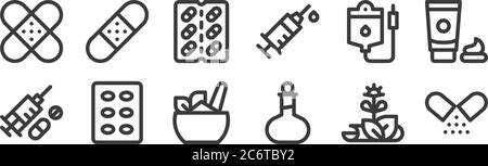 12 Satz von linearen Medizin-Symbole. Dünne Umrisse Symbole wie probiotische, Öl, Pillen, Transfusion, Kapseln, Band-Hilfe für Web, mobile Stock Vektor