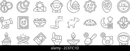 ramadan Linie Symbole. Lineare Satz. Qualität Vektor-Linie Satz wie muslim, kein Essen, Zählen, Öllampe, ramadan, Nüsse, Halal, muslim, muslim Stock Vektor