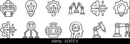 12 Satz von linearen Robotik-Icons. Dünne Umrisssymbole wie Roboterarm, künstliche Intelligenz, Roboter, künstliche Intelligenz, Innovation, Glühbirne für w Stock Vektor