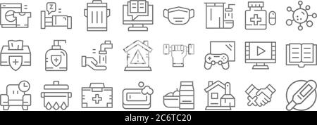 Quarantäne-Linie Symbole. Lineare Satz. Qualität Vektor-Linie Set wie Thermometer, Reinigung, Seife, entspannen, Film, Waschen der Hand, Virus, Maske, Schlaf Stock Vektor