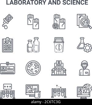 Set von 16 Labor- und Wissenschaftskonzept Vektorlinien-Symbole. 64x64 dünne Strichsymbole wie Handschuh, Ergebnis, Bioengineering, Labor, Chemie, Komp Stock Vektor