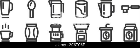 12 Satz von linearen Kaffee-Symbole. Dünne Umrisssymbole wie Kaffee, Mühle, Kaffeetasche, Milchkanne, Wasserkocher, Löffel für Web, mobil Stock Vektor