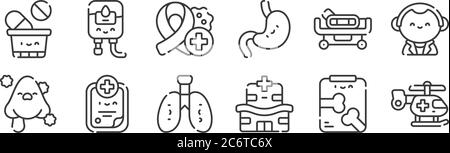 12 Satz von linearen medizinischen Dienstleistungen Symbole. Dünne Umrisse Symbole wie Hubschrauber, Krankenhaus, Krankengeschichte, Krankenhausbett, Onkologie, Transfusion für Web Stock Vektor